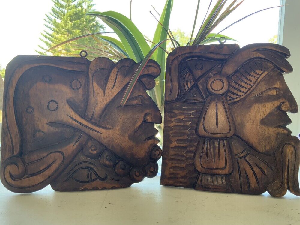 set of 2 vintage Croatia folk art wood warrior carvings Handmade 10 x 9 in.